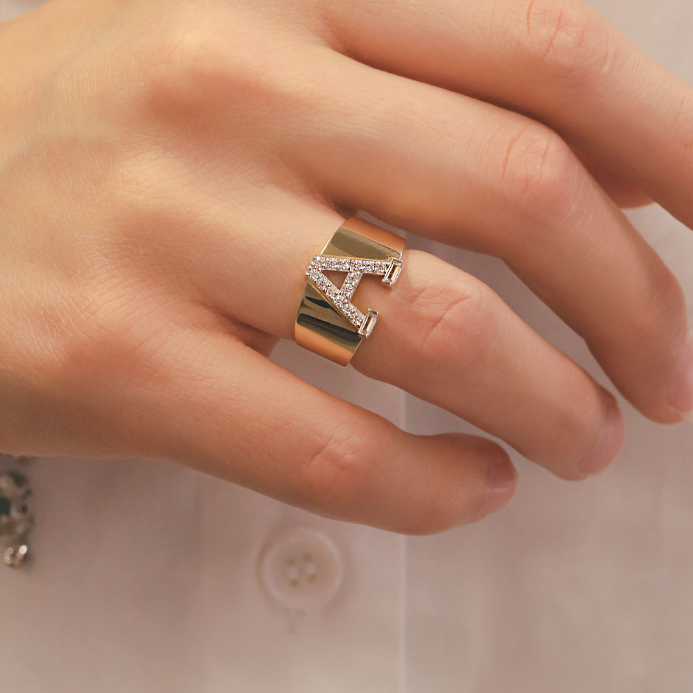 Baget Taşlı A Harf EMA Altın Yüzük