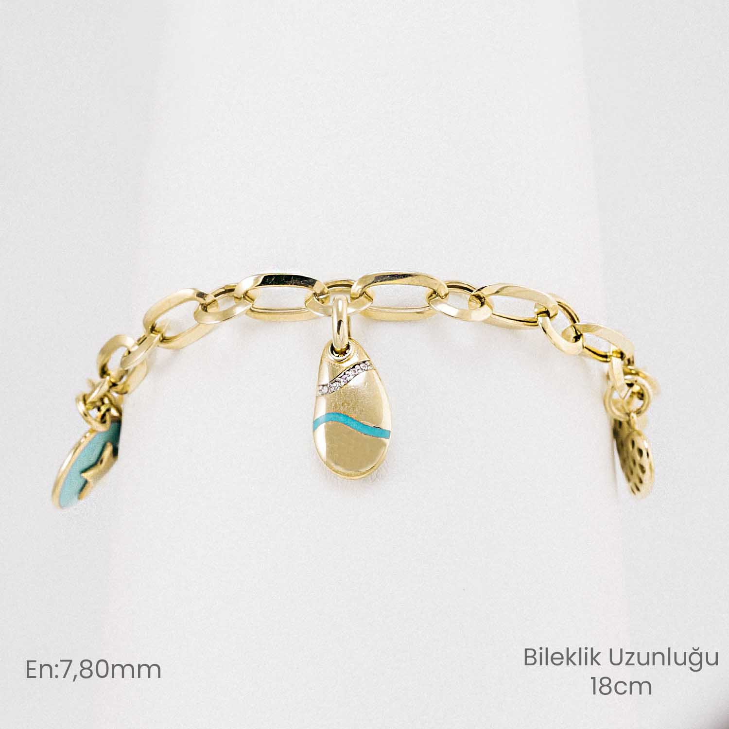 14 Ayar Turkuaz ve Altın Charm Bileklik
