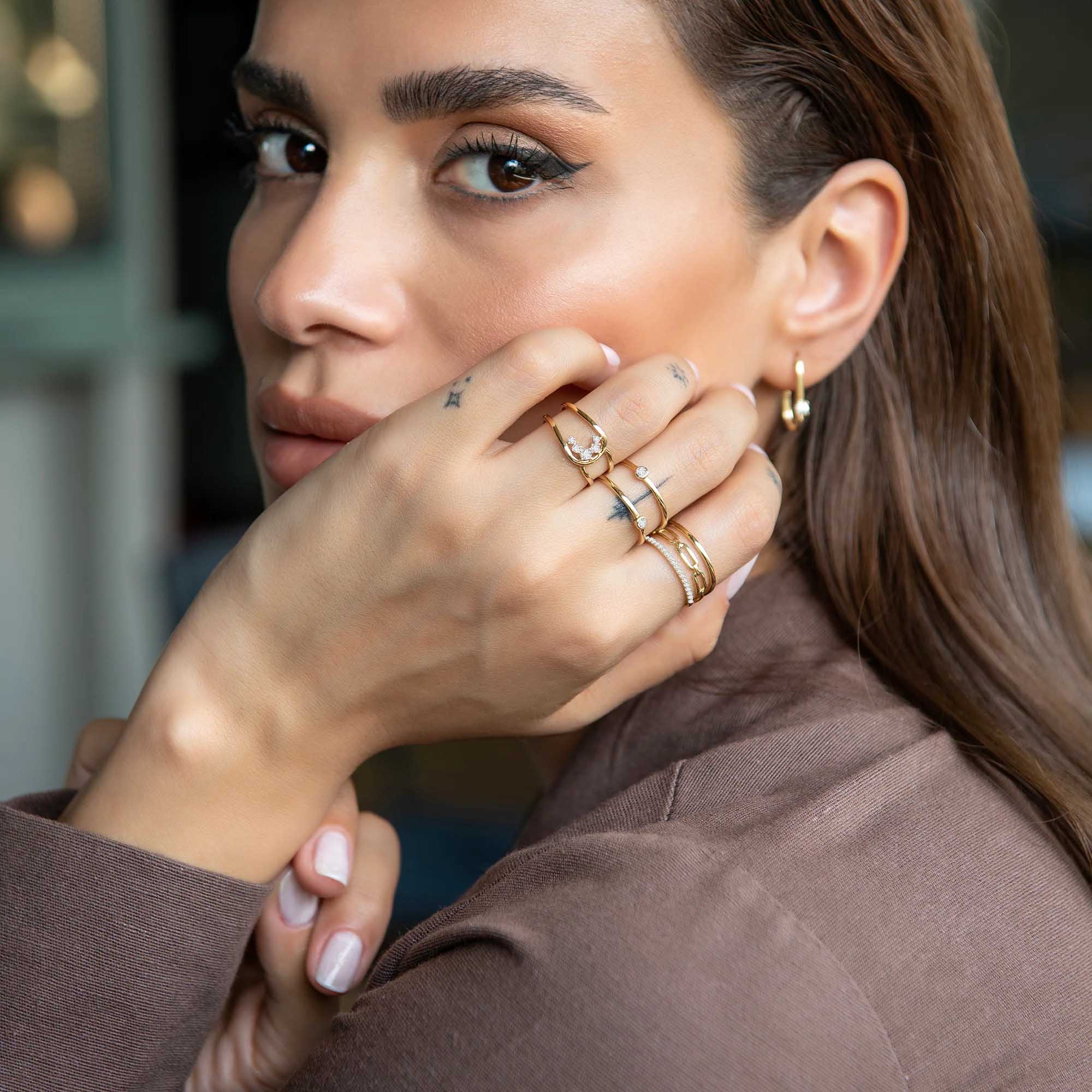 Piano Yüzük Çift Kollu Taş Detaylı Minimal Yüzük