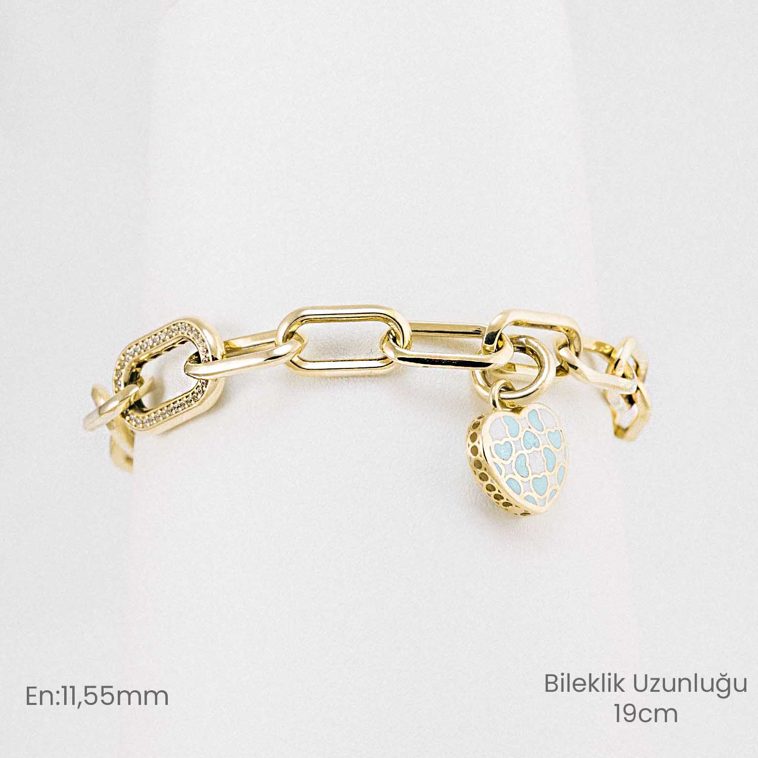 14 Ayar Altın Kalp Figürlü Taş Detaylı Charm Bileklik